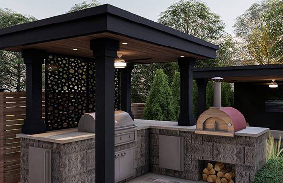 outdoor kitchen in backyard with barbecue and cabana outdoor kitchen in backyard with barbecue and cabana